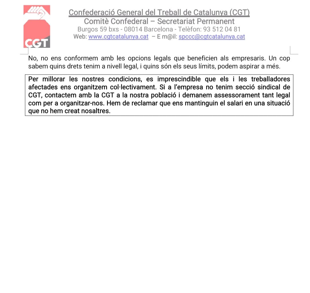 ❌❌MOLTA MOLTA ATENCIÓ❌❌
Comunicat CGT #3: Acomiadaments i suspensions temporals #Covid_19

Previnguts davant d'un empresariat que vol protegir els seus beneficis a qualsevol preu 
👇👇👇
cgtcatalunya.cat/spip.php?artic…