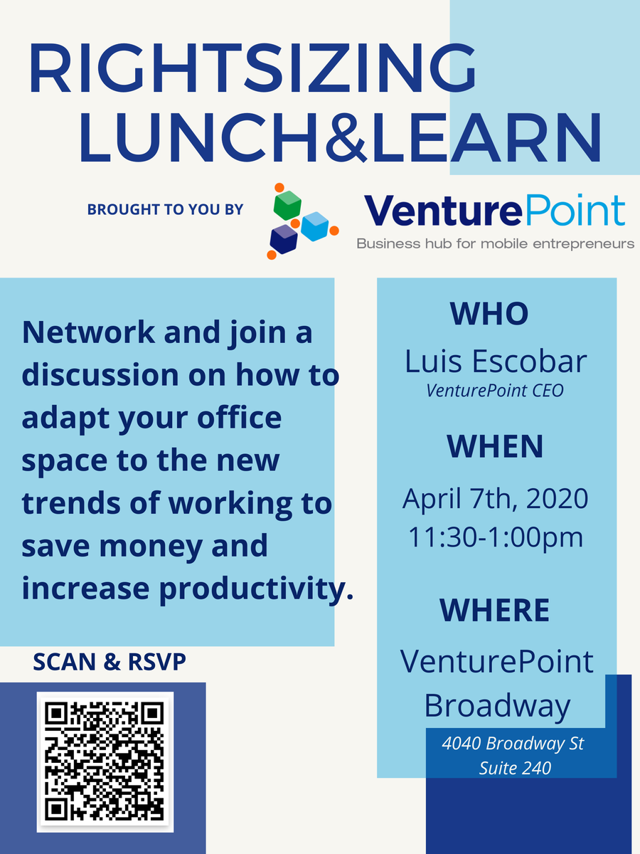 VenturePointInc's tweet photo. Don't forget to save the date for this awesome #Lunch&Learn at our newest #VenturePoint location: 4040 Broadway 😎
#coworking
https://t.co/qyKAoNPUpm https://t.co/OMiPTs4Ynf