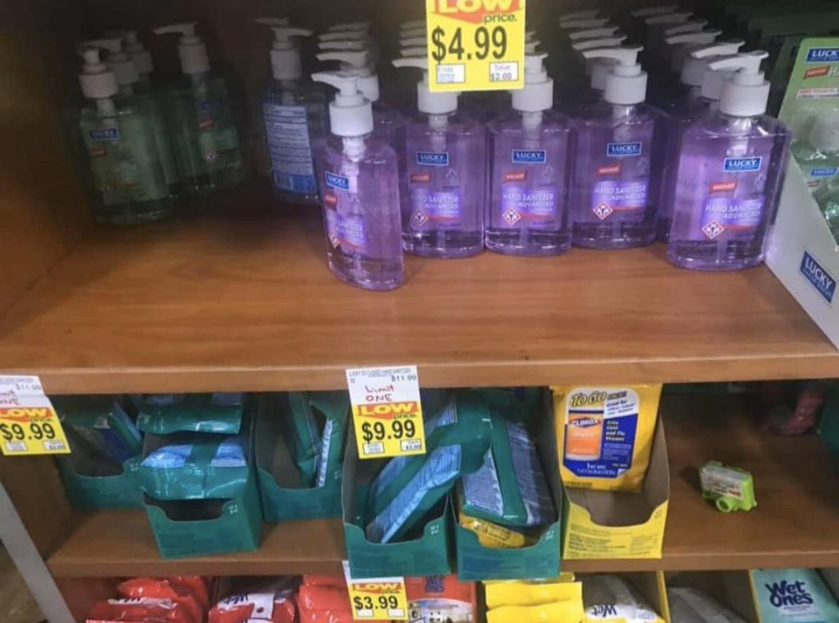 Hassannerr's tweet photo. Photos taken from Dearborn Fresh Supermarket. Raising their prices for Sanitation items by 500-1000% and faking the original price to make it seem like you’re getting a deal. Arab-owned stores are using this pandemic as a business. Completely pathetic. Haram 3layk. https://t.co/HgByYmMFmD