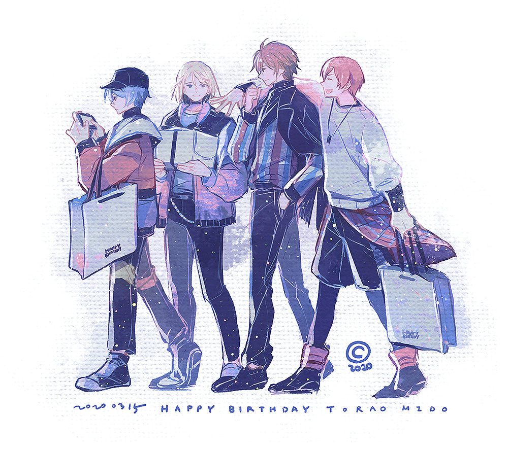 multiple boys jacket blonde hair hat male focus shopping bag pants  illustration images