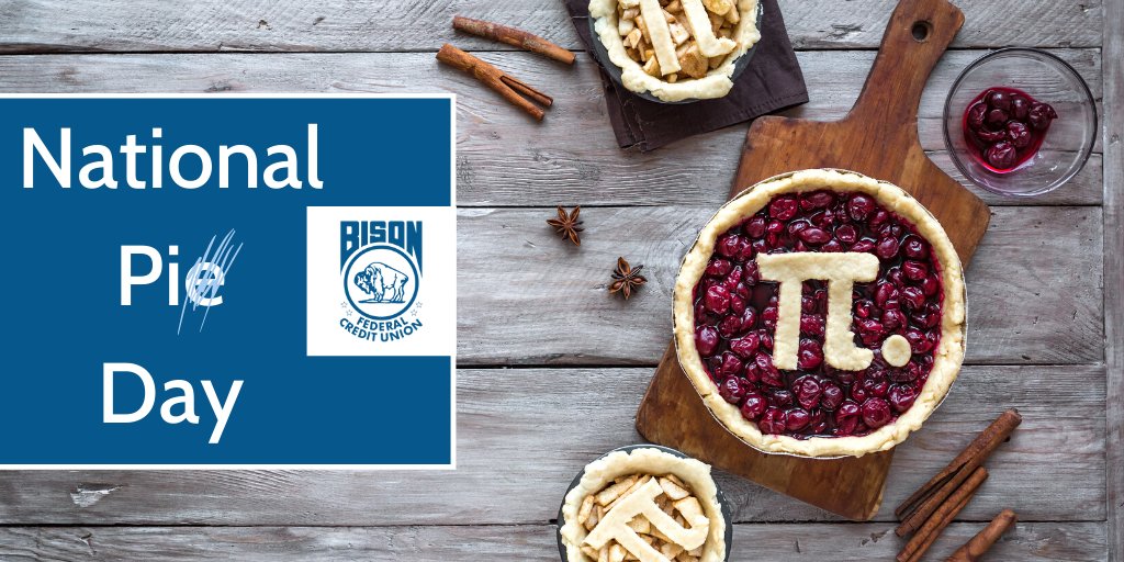 March 14th = 3.14 = #NationalPiDay! Now that's some math that we like to see! 🥧In honor of this day, we challenge our Members and staff to eat as much pie as possible today! 

#NationalHoliday #NationalPiDay #PieContest #PiCelebration #Members #BisonFCU #ShawneeOK