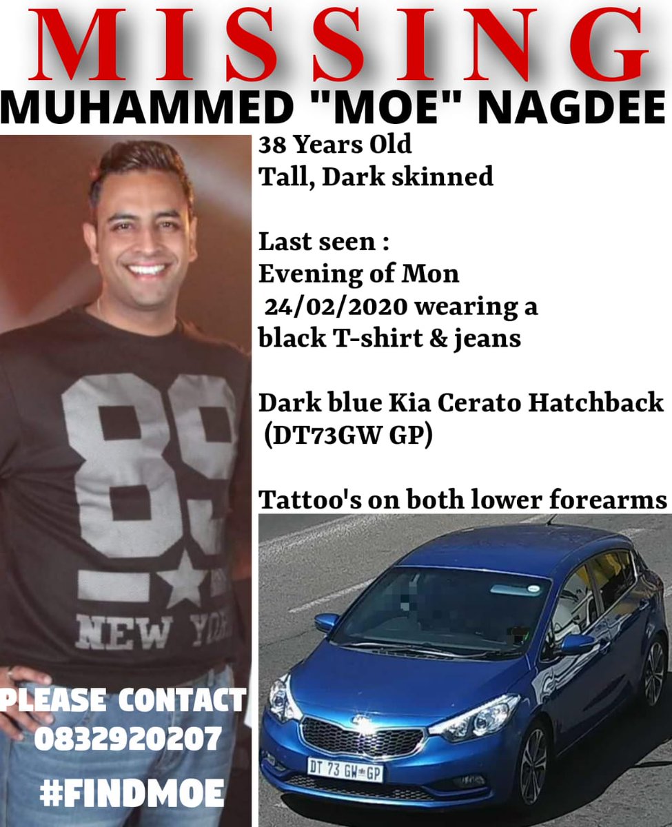 RasMoeG's tweet image. Please help us #FindMoe 
*Post, retweet, COMMENT and share on all your socia media platforms to help* 
#FindMoe @MuhammedNagdee
@SAPoliceService
@cci_network
@stolencarRSA
@SocialTrendsZA
@enca
@WhereAreThey_SA 
@MissingPersonZA