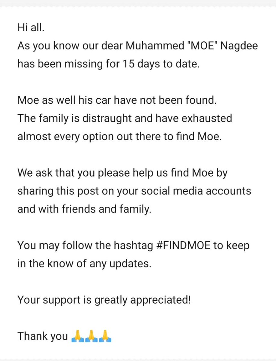 RasMoeG's tweet image. Please help us #FindMoe 
*Post, retweet, COMMENT and share on all your socia media platforms to help* 
#FindMoe @MuhammedNagdee
@SAPoliceService
@cci_network
@stolencarRSA
@SocialTrendsZA
@enca
@WhereAreThey_SA 
@MissingPersonZA
