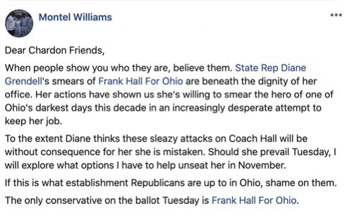 Montel_Williams's tweet photo. I remind my #ChardonStrong friends that the ONLY conservative on Tuesday’s ballot is @Frankhall4ohio. Establishment Republicans in Columbus have unloaded $300k in sleazy attack ads against Coach Hall, the hero of one of Ohio’s darkest days. Let’s send Frank to Columbus. https://t.co/IMWLIwGbzH