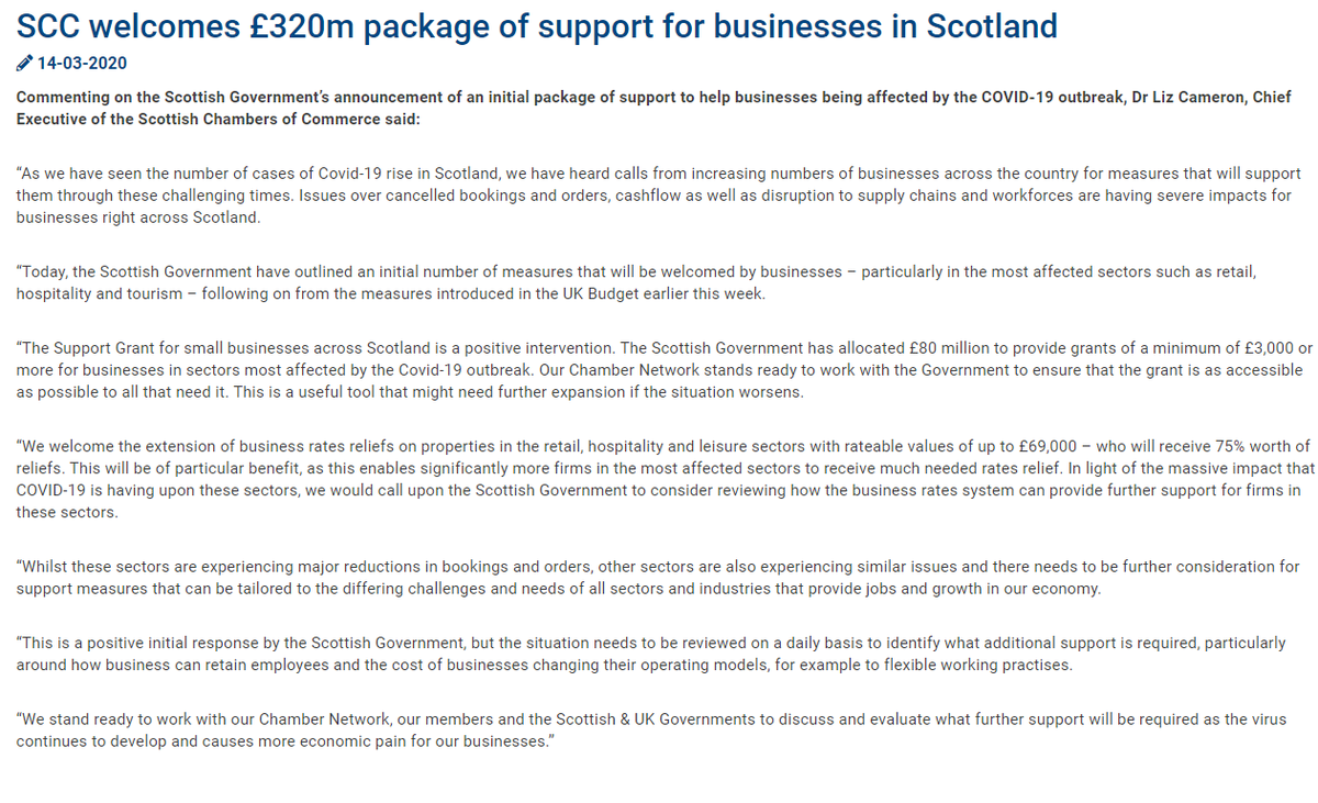 Here's the <a href="/ScotChambers/">Scottish Chambers</a> reaction to @KateForbesMSP announcement of Scot Gov support for business in response to COVID-19.  Initial details of support package at this link: gov.scot/news/gbp-320-m…