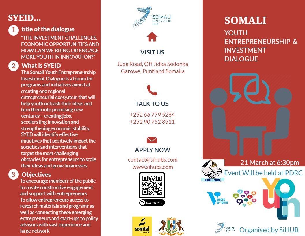 Somali Youth Entrepreneurship and investment Dialogue (SYEID) is a quarterly forum for programs and initiatives aimed at creating one regional entrepreneurial ecosystem. 

Join us for discovering new business and investment opportunities.