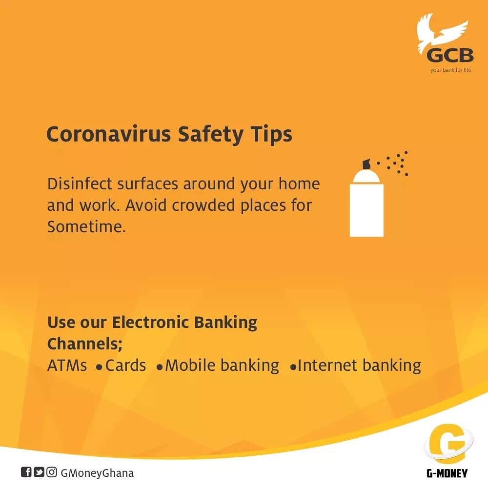 GCBBankPLC's tweet photo. Stay safe by practicing the following tips.
#GCBCoolBanking
#SafeGhana
#SelfIsolationHelp
#Coronavirus https://t.co/hnSdaVf15Y