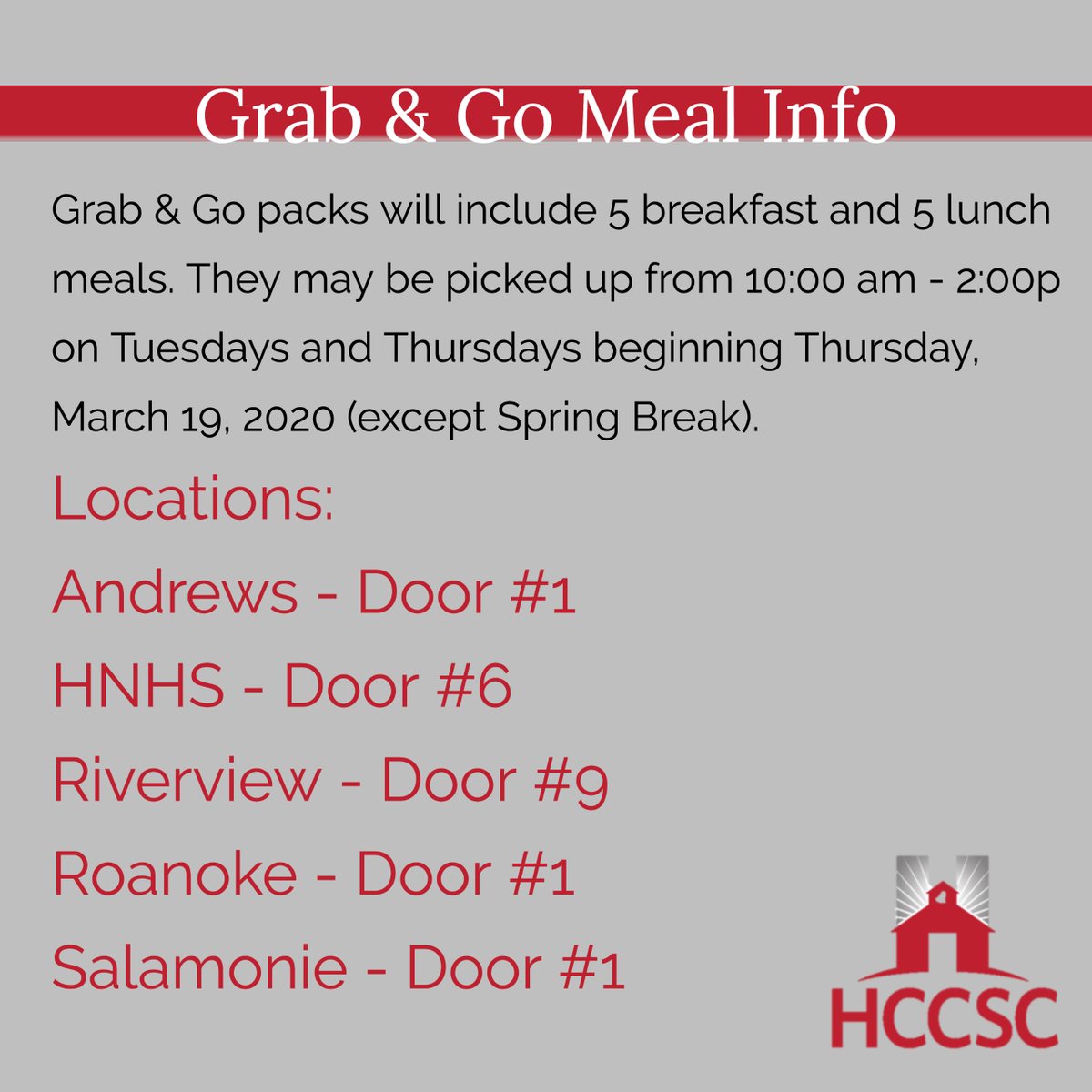 hccsofficial's tweet photo. Info on Grab &amp; Go meal options.  Please share. https://t.co/23JGztJnF7
