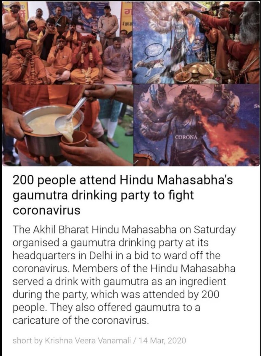 Sparshrana's tweet photo. 200 people thought it was best to do this with their Saturday when #COVIDー19 is forcing the world to live through a horrifingly real rendition of Camus's the Plague. Gaumutra is literally cow's urine.

Cow piss on the rocks anyone?

In #IndiaVsCorona it's #coronapocalypse 🤘 https://t.co/PX1QHVJcVD