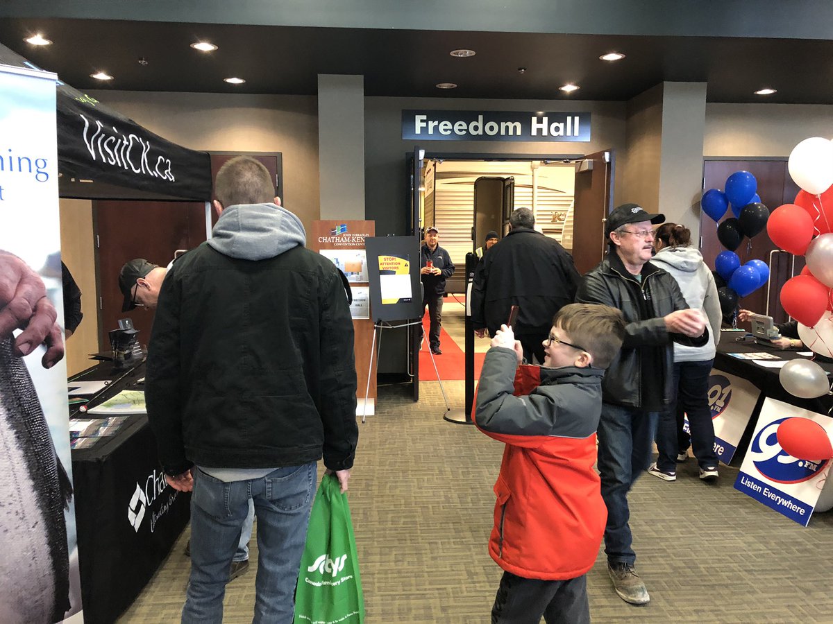 VisitCK's tweet photo. Hand sanitizer available upon arrival and social distancing clear in response to #Covid19 at the SWO Boat &amp; Rec show in #CKont as visitors still get their #FishFix in! Open until 5 tonight then 11-3 tomorrow. @ckconventions https://t.co/xcwBxkXLC1