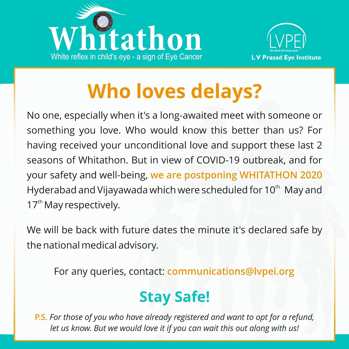 lvpeiwhitathon's tweet photo. Announcement!

In view of the Corona Virus outbreak, we are postponing #Whitathon 2020 #Hyderabad and #Vijayawada for now. New dates for run shall be announced when it is declared safe by concerned medical authorities. 

#StaySafe
#LVPEI
#LVPrasadEyeInstitute https://t.co/C3TX2wMIgk