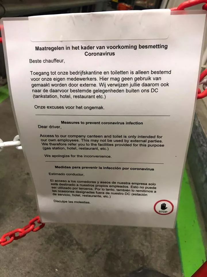 Transporteurs en hun chauffeurs werken 24/7 om supermarkten te bevoorraden. <a href="/TLNnieuws/">Transport en Logistiek Nederland</a> roept op tot een respectvolle behandeling van chauffeurs door bijvoorbeeld toegang te geven tot toiletvoorzieningen. #coronavirus