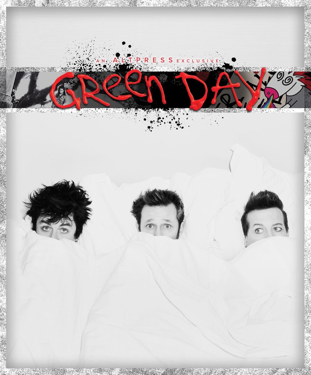 GreenDay's tweet photo. 🍾 Champagne ✔️
🛏️ Bed ✔️
Instant Party 🎉🎉

It's all happening on the cover of this month's @AltPress

https://t.co/PqJ2jKA24c https://t.co/qvYDW1YVKc