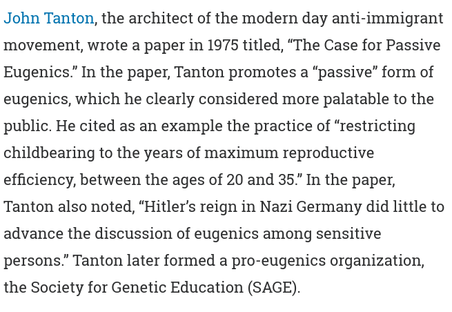Background on Tanton and how his white supremacist aims were purposely normalized and mainstreamed over decades (from 2013, no less. Some of us have been watching this for a long time) https://www.adl.org/news/article/ties-between-anti-immigrant-movement-and-eugenics