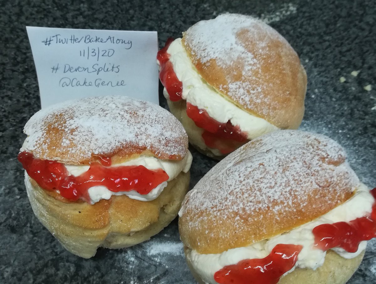 CakeGenie's tweet photo. @thebakingnanna1 @Rob_C_Allen Went down a storm, as usual! Husband says can we do these for the #twitterbakealong every week, please? 🤣 (should have posted on Wednesday, but so drowsy with painkillers I completely forgot! 🙄) #devonsplits https://t.co/Q6jJGCAfJu