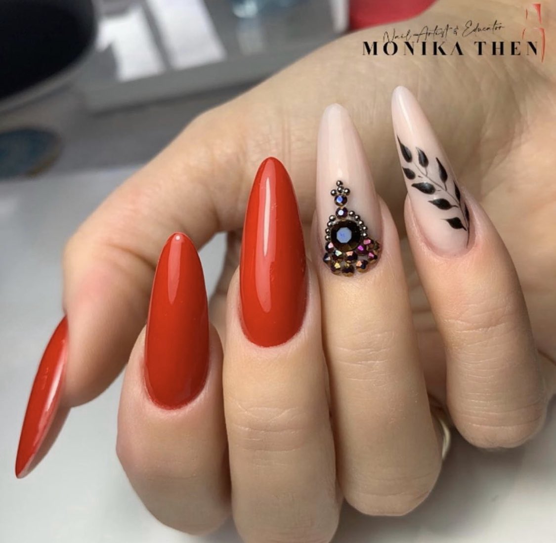 youngnailsinc's tweet photo. Lovely combo of red, nude, and a touch of art @MonikaThen https://t.co/EtDJ7FWvcT