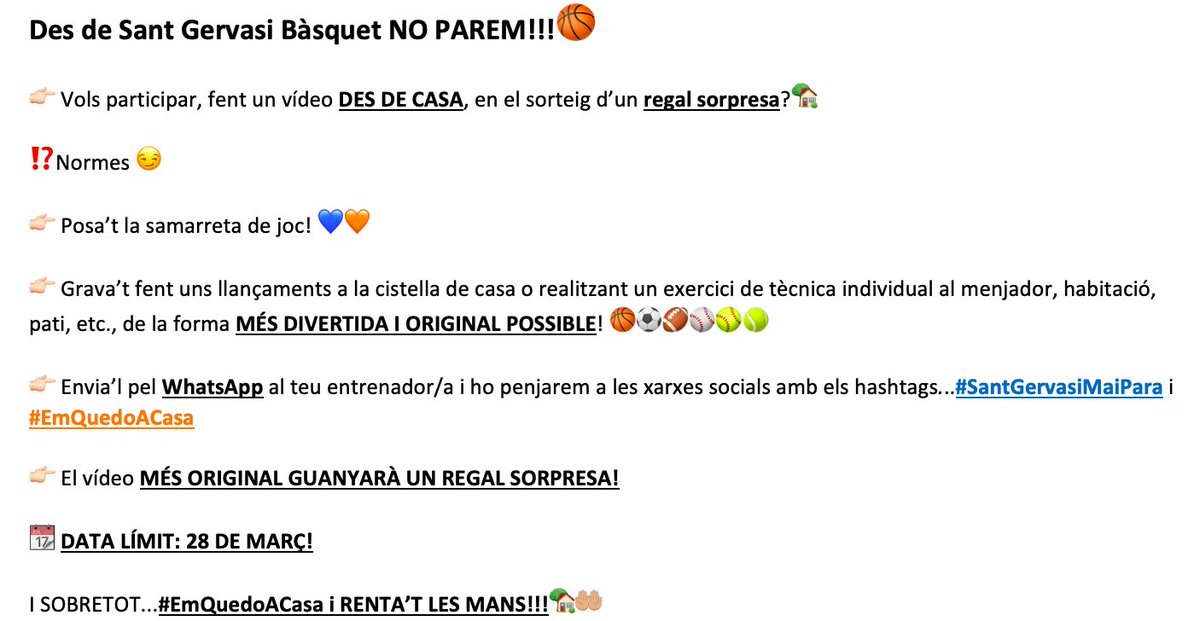 SantGervasiBQ's tweet photo. Des de Sant Gervasi Bàsquet NO PAREM! Per fer més suportables aquests dies, et proposem el següent joc…vols participar-hi?😏 

Llegeix les instruccions, envia-li el vídeo al teu entrenador/a i entra en el sorteig d’un regal d’allò més fascinant! 

Esperem el teu vídeo!💙🧡 https://t.co/aDvQBVt1go