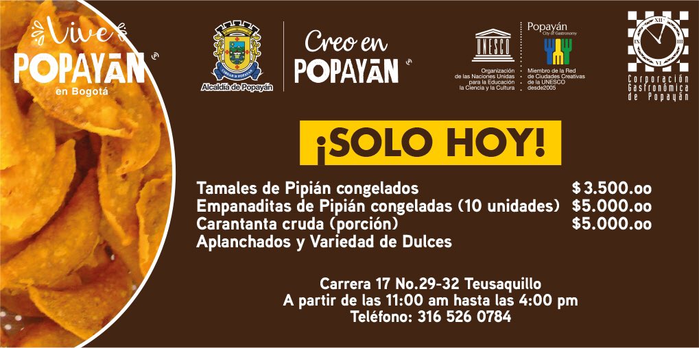 ⚠️ A V I S O ⚠️

Vamos a estar en Teusaquillo vendiendo las empanaditas y tamales de pipián, carantanta y dulces, hasta las 4:00 pm.
¡Los esperamos!
