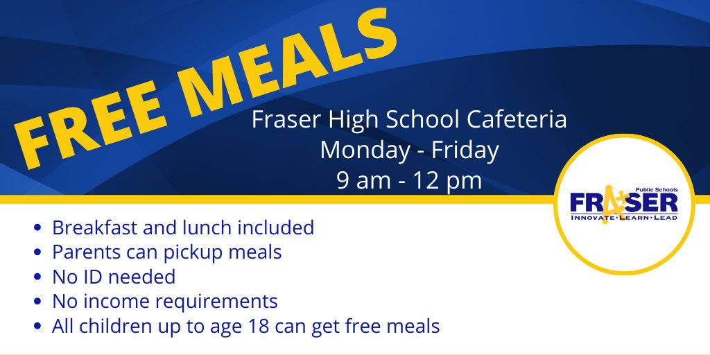Fraser Public Schools will be offering free meals to ALL children during the upcoming school closure.
Starts March 16.
Pickup both breakfast &amp; lunch at FHS cafeteria (Klein side) from 9 am-12pm Mon-Fri.
Parents are welcome to pick up the meals to minimize traffic. 
#FraserFamily