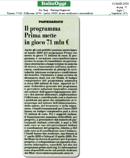 primaitaly's tweet photo. 🔴Su @ItaliaOggi si parla dei #BandiPRIMA2020:71 mln a sostegno di #ricerca e #innovazione nel settore #agrifood e gestione #risorseidriche
👉Scadenze:1/04 sec.1 | 15/04 sec.2
https://t.co/H3c8rA9ETo
#SeedsofInnovation #PRIMA_projects
@PRIMAInnovation @europainitalia @MiurSocial https://t.co/YmLtBgEo2S