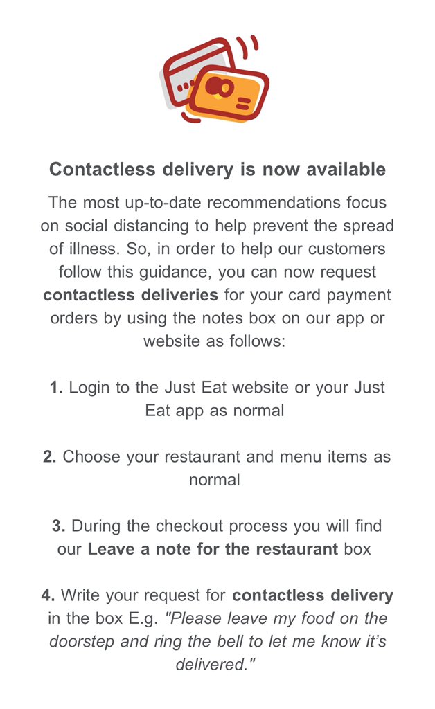 JustEatIE's tweet photo. An update for our customers, restaurant partners &amp; couriers in light of the current #COVIDー19 situation. 

#ContactlessDelivery is now available for all customers when placing an order on Just Eat https://t.co/iQzY9wd3VO