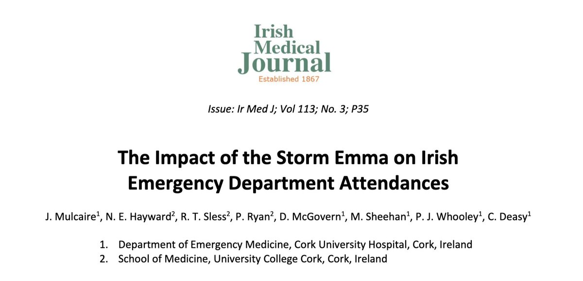 In March 2018, Ireland experienced one of the most impactful storms in recent history when #StormEmma and #TheBeastFromTheEast collided over the island. 

We examined the effects of this major event on admissions # &amp; experience at <a href="/CUH_Cork/">Cork University Hospitals</a> #EDtwt.

irishmirror.ie/news/irish-new…