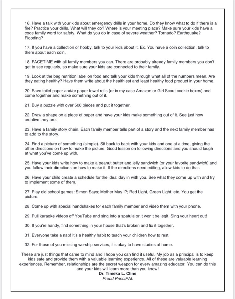 MrsTLCline's tweet image. Here is a list of things I came up with to encourage family time during school closings. Hope you can find something that helps!