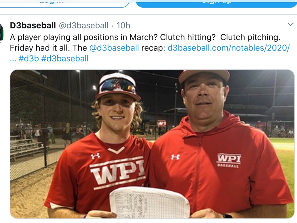 Former FHS player Ben Chaffee plays all 9 positions! Classy move by head coach Mike Callahan of WPI to pull that off.