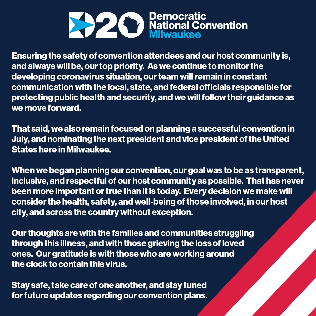 DemConvention's tweet photo. As we continue our countdown to the 2020 Democratic National Convention scheduled for July 13-16 in Milwaukee, WI, we’re faced with the unprecedented challenge as a country of responding to #COVID19. In this climate of uncertainty, we wanted to share an update on planning: https://t.co/OMoS5hThIA
