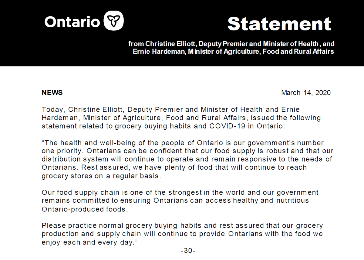 erniehardeman's tweet image. Please see my statement on grocery buying habits and COVID-19 in Ontario.