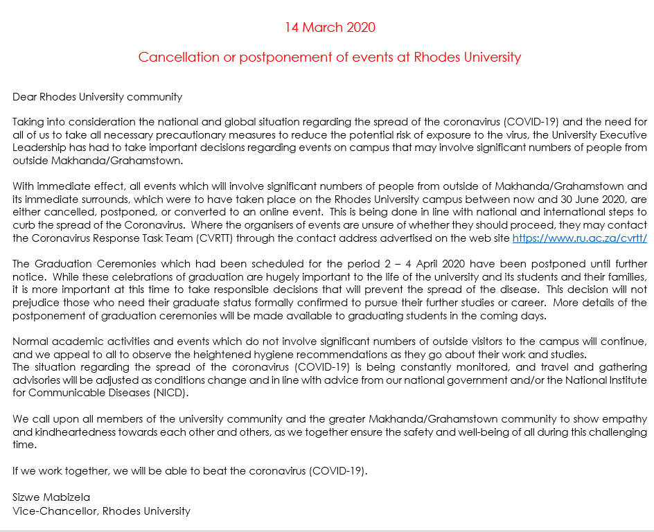 Important message regarding 2020 Graduation and other large-scale events set to take place at Rhodes University.