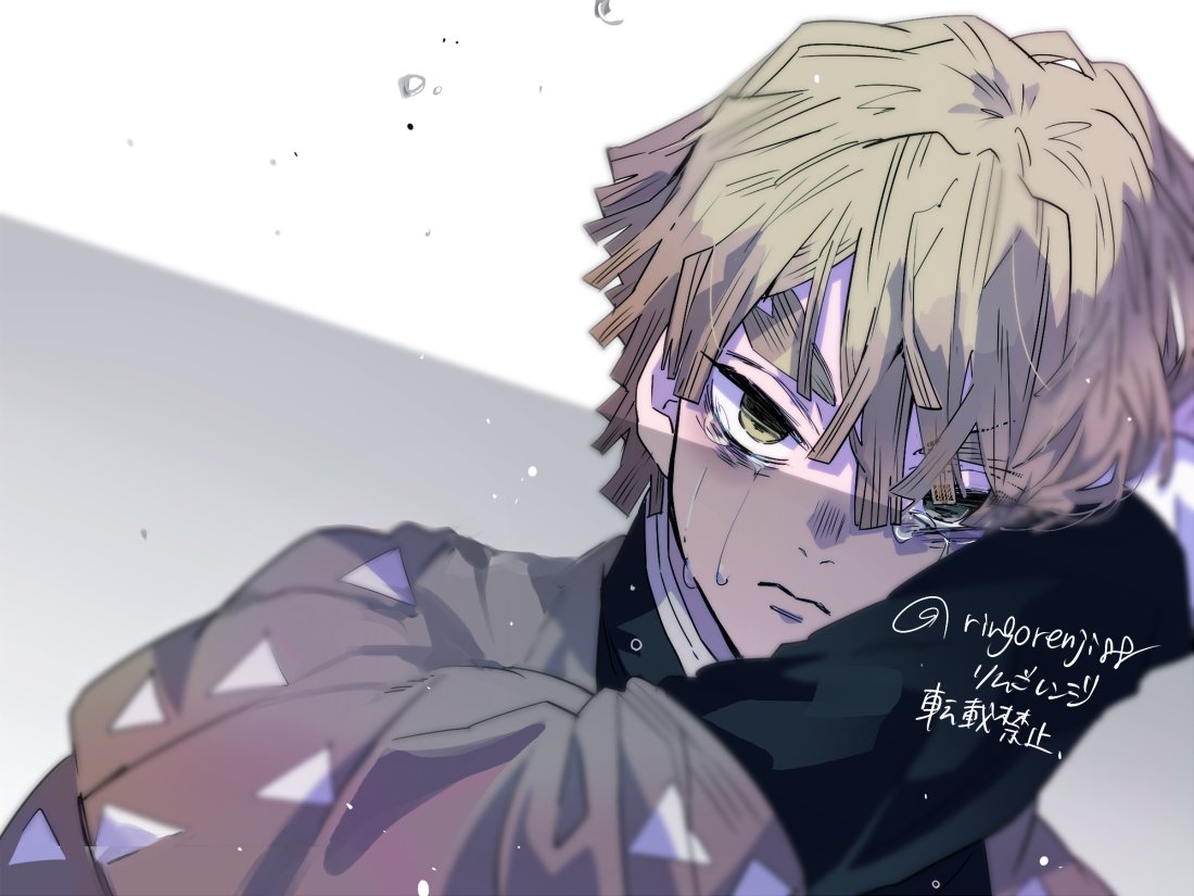 1boy demon slayer uniform male focus solo blonde hair crying tears  illustration images