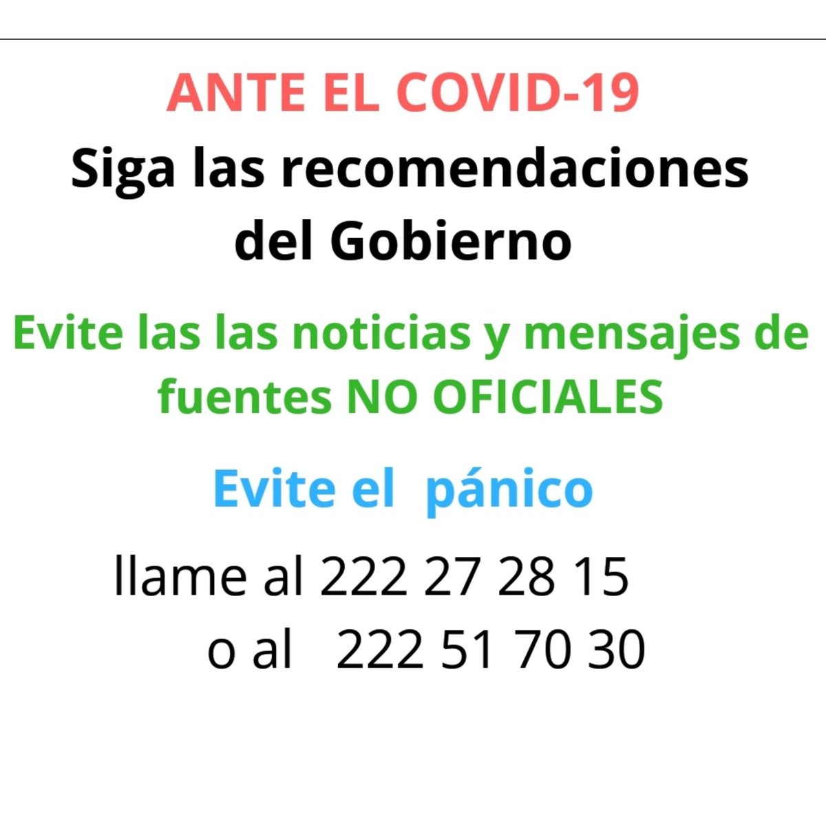 Ante el #COVIDー19 siga las recomendaciones del Gobierno de #GuineaEcuatorial y evite noticias y mensajes de fuentes no oficiales.

Ante cualquier duda contacte:
☎️222.27.28.15
☎️222.51.70.30