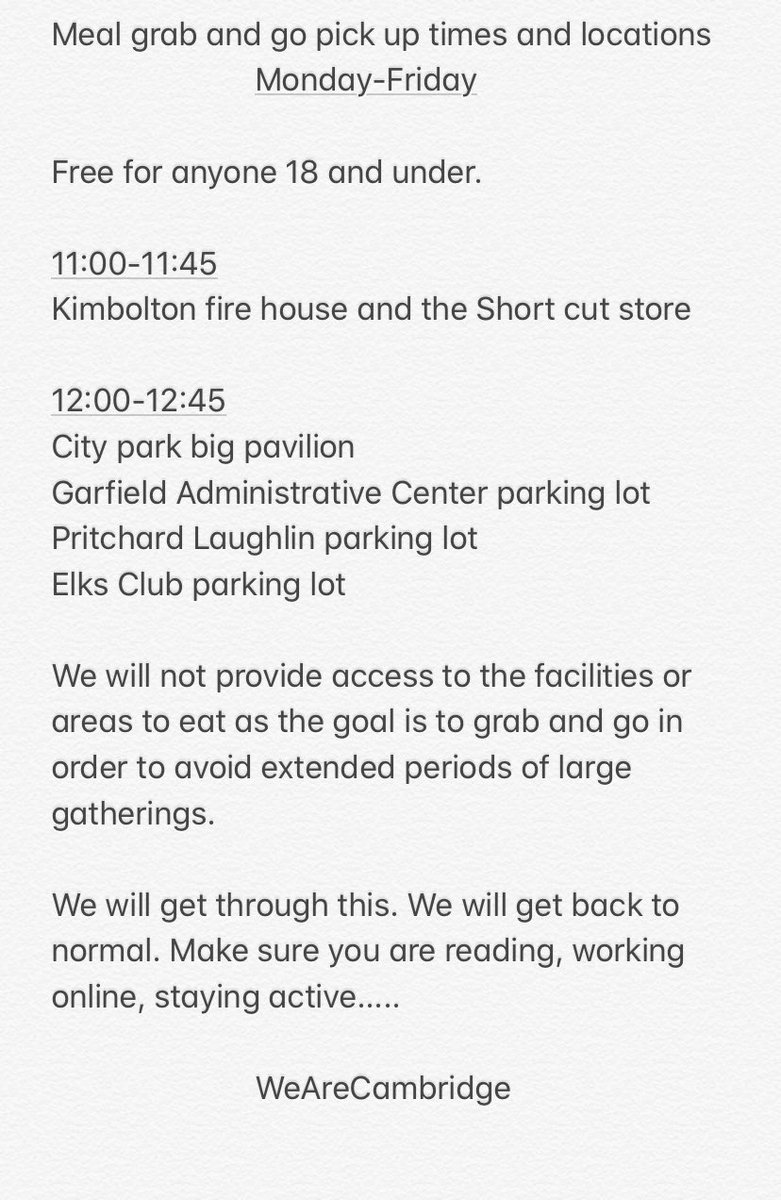 Cambridge_CS's tweet photo. To begin we will offer lunch at the following sites. Keep it simple: if you appear to be under age 18 you eat for free....no forms, no eligibility, no school affiliation required just get a meal and go.   Please SHARE. https://t.co/nepY2JKtWT