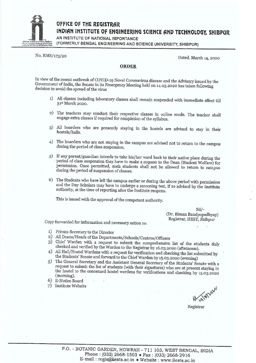 iiest_s's tweet photo. In view of the recent #COVID19 #CoronaVirusOutbreak, all classes including laboratories would remain suspended in #iiests with immediate effect till 31 March.

@HRDMinistry  @MoHFW_INDIA https://t.co/u2SHworGOc