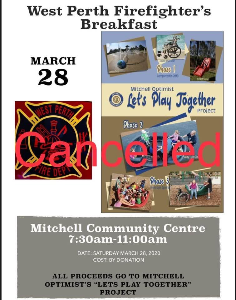 The <a href="/WestPerthON/">West Perth</a> Firefighters Association has made the difficult decision to cancel our breakfast on March 28. We hope to reschedule later in the spring so we can still help the Mitchell Optimist with their fundraising campaign. Thanks to all for your understanding! #WPFD