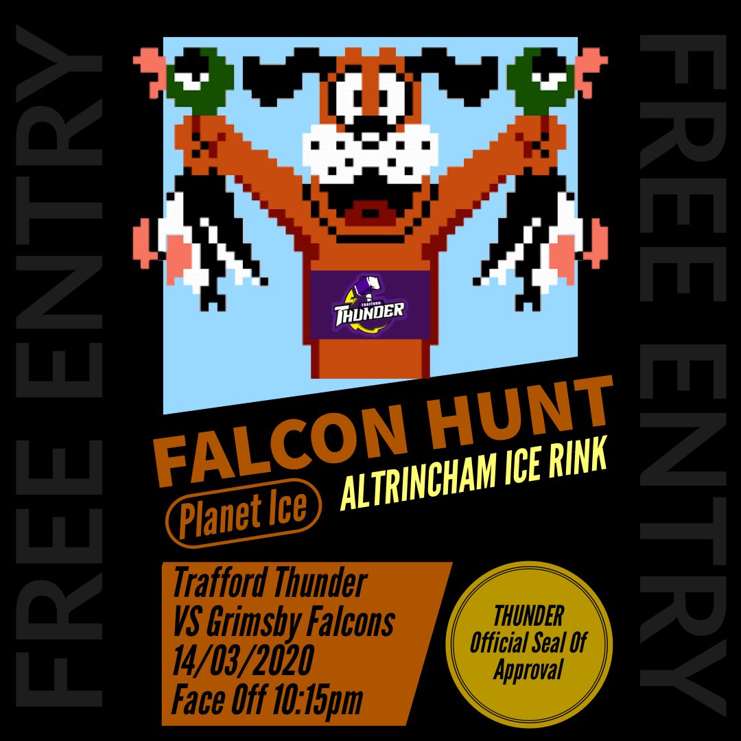 Need your hockey fix?? We have the cure 💉 
#TraffordThunder take on the #GrimsbyFalcons 

Get your virus free butts down to Planet Ice Altrincham as its #HuntingSeason 

#FreeEntry Straight after the #AltrinchamAces game!
#Like #Retweet