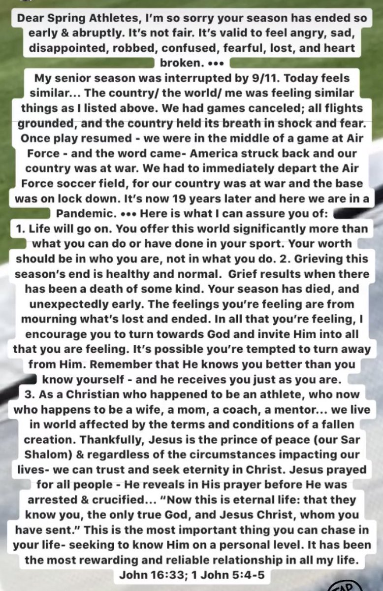 ObShannon's tweet photo. Dear Spring &amp; March Madness Athletes, I’m so sorry your season has ended early &amp; abruptly. It’s not fair. It’s valid to feel angry, sad, disappointed, robbed, confused, fearful, lost, and heart broken. ••• see pic for more thoughts. 💛 https://t.co/w14ImjAu8h
