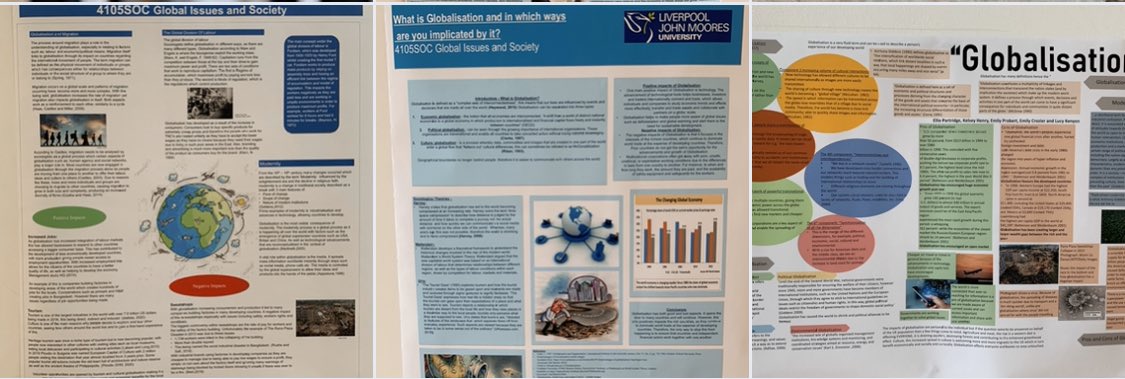 LJMUSociology's tweet photo. Really impressed with our first year poster presentations this week as part of their group assessment on their globalisation and society module #globalisation #posters #creativeassessment #studyingsociology https://t.co/zVIor0VyiQ