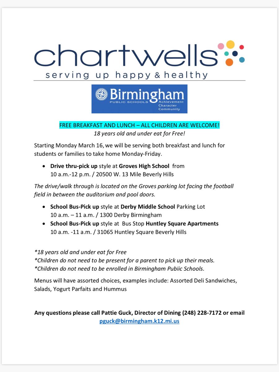 Starting March 16, we will be serving breakfast and lunch for students or families to take home Monday-Friday.