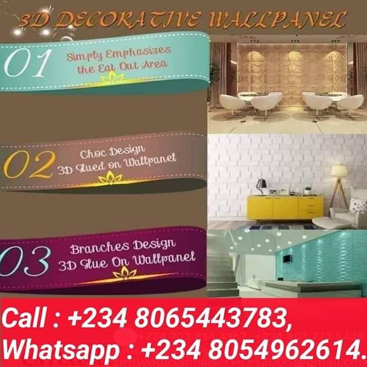 Do you crave for beautiful Interiors?
Do you mind trying 3D Wall paper &amp; Wall panels? 
Yes, they are affordable. 
Contact: MEGALY INTERIORS 
on (+234) 7038344367 (+234) 8037735438 
#prowodicglobalservices