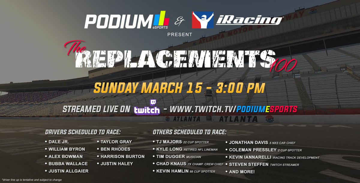 The stars will be out on track tomorrow afternoon as we take you to @amsupdates for The Replacements 100 on <a href="/iRacing/">iRacing</a> . Coverage starts at 3pm ET, with Green Flag at 3:30pm ET. You can watch the whole race LIVE at twitch.tv/podiumesports

#Replacements100