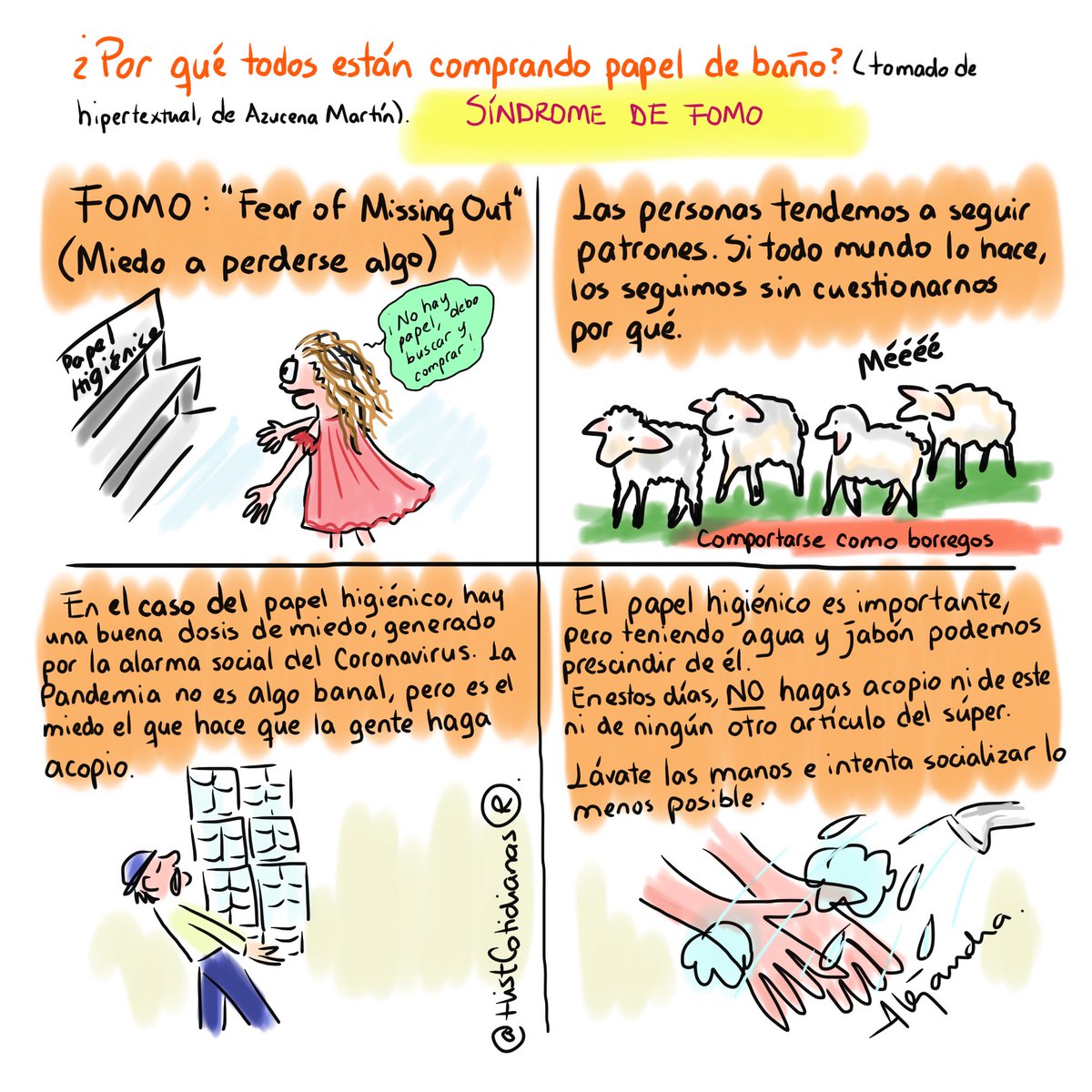 HistCotidianas's tweet photo. ¿Por qué todos están comprando papel de baño? 

(Dibujo inspirado en un artículo de #AzucenaMartín de @Hipertextual )

#SíndromeDeFOMO https://t.co/oRgp94H7NO