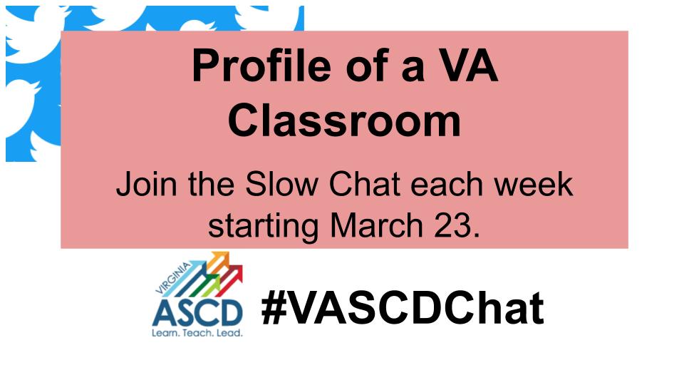 VAEducatorCMJ's tweet photo. Join #VASCDChat beginning Mar 23 for a series of slow chats on the Profile of a VA Classroom!
1.Overview & Principles
2.Culture of Respect
3.Planning for Deeper Learning
4.Implementing Quality Instruction
5.Redefining Teacher & Student Roles
6.Embedding Assessment & Feedback https://t.co/ZRnuqefdyl