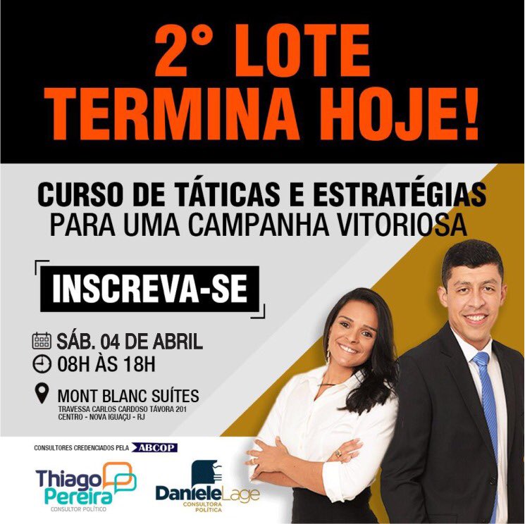 DrThiagoPereira's tweet photo. Se liga 😉 Termina hj o 2° lote de inscrições #mktpolitico #MarketingDigital #marketing #eleição2020 #voto #política #Abcop #eleição #eleitor #táticas #estratégias #curso #politics #marketingstrategy #RiodeJaneiro #NovaIguaçu https://t.co/ThAelhVxvN