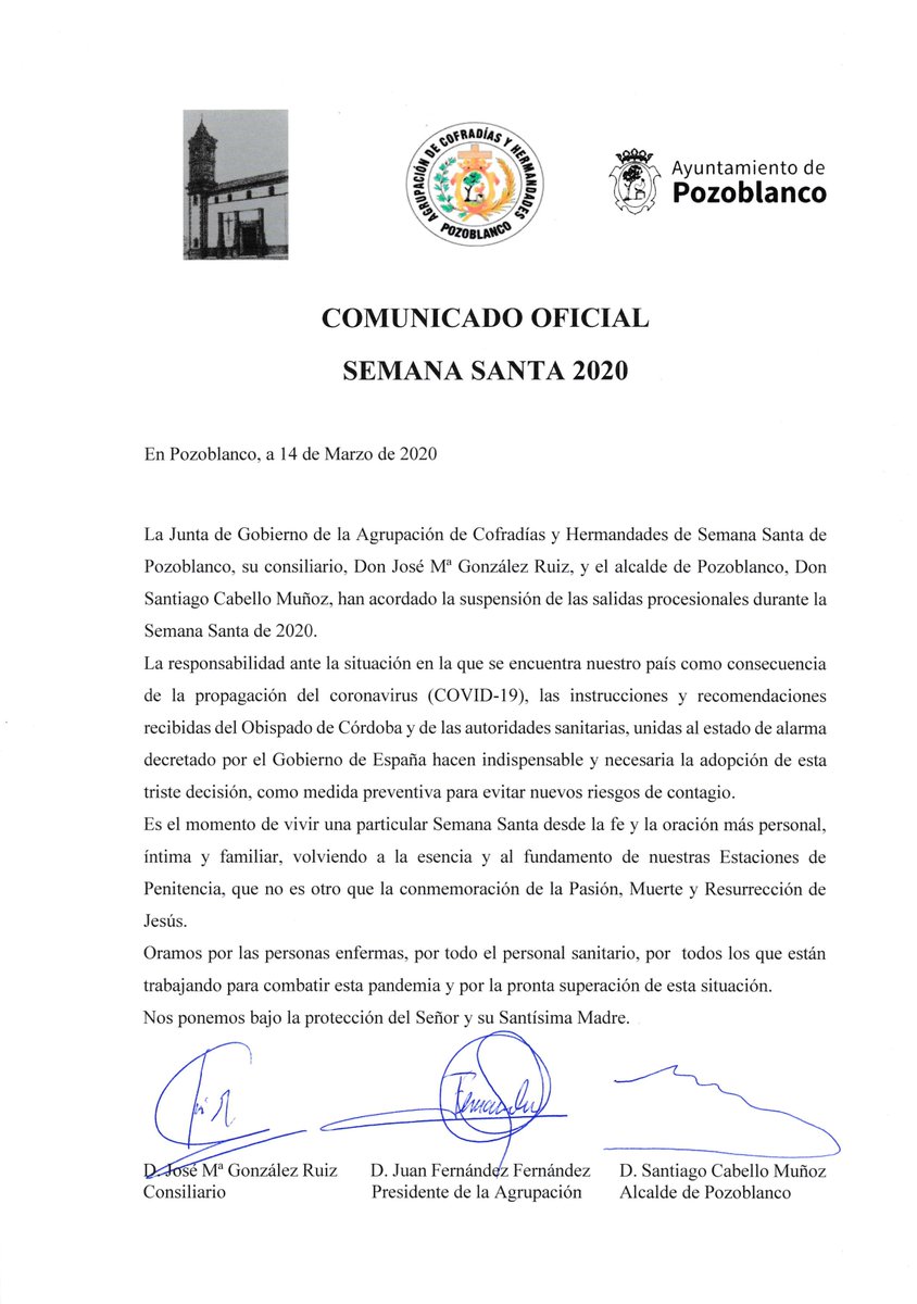 ccyhhpozoblanco's tweet photo. Comunicado Oficial: quedan suspendidas todas las salidas procesionales de la Semana Santa 2020.

https://t.co/TRdQpAcGLG https://t.co/kooIM2Zfm4