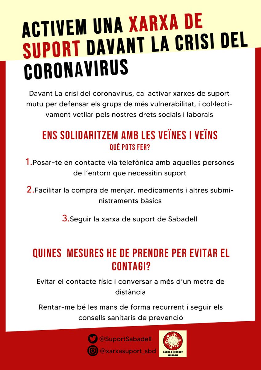 RadioSabadell's tweet photo. #Coronavid19 | Neix la Xarxa de Suport #Sabadell (@SuportSabadell). Un perfil per ajudar els col•lectius vulnerables mentre duri el confinament pel #coronavirus #joemquedoacasa https://t.co/Fy6ZZC4x40