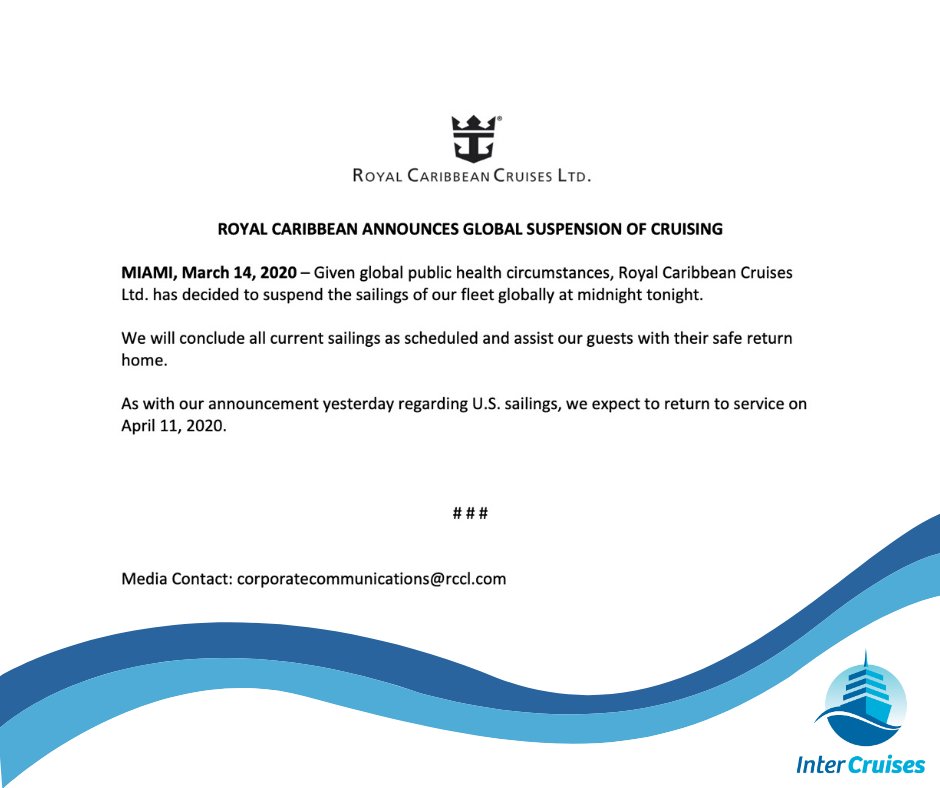 ¡ATENCIÓN! Royal Caribbean suspende todos sus cruceros a nivel global. Se espera que reanuden operaciones el 11 de abril de 2020. #Covid_19 #Coronavirus #RoyalCaribbean