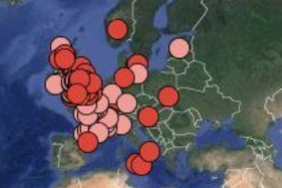 MrWayland2's tweet photo. @DanSpaceOddity the map with red and pink dots is dog men sighting in Europe, the map with red and orange maps is ufo sighting in Europe, and the map with green and orange spots is a map of missing people in Europe and to me they seem to match up just like in America https://t.co/39A74bOmt3