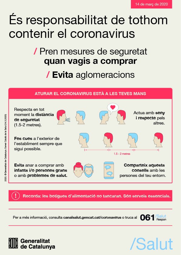 icscat's tweet photo. Quan vagis a botigues de queviures, supermercats o mercats:

➡️Respecta distància de seguretat (també a les cues!)

➡️Fes la cua a fora quan sigui possible

➡️No hi vagis amb infants o gent  gran

I recorda! Aquests establiments romandran oberts

#joemquedoacasa #FrenarLaCorba https://t.co/A6y8SQMS6G